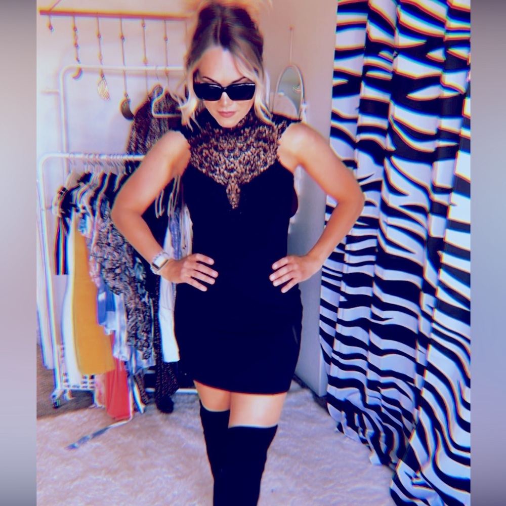 Black high neck lace open back bodycon mini dress size small